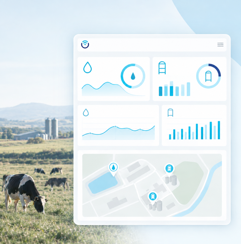 Panel de Nescloud con el consumo de agua y el nivel de depósitos y silos de una explotación ganadera