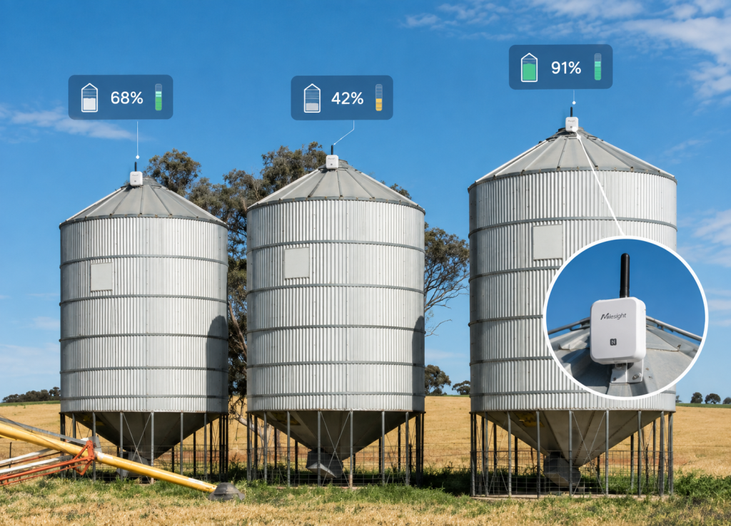 Silos con sensores IoT de nivel monitorizados en tiempo real desde la plataforma Nescloud